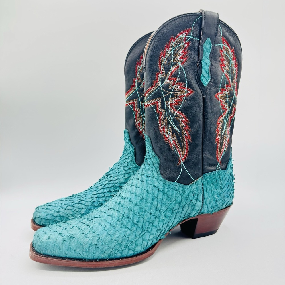 Dan Post Exotic Seabass Skin Boots Women's Size‎ 11 M Blue Genuine Fish